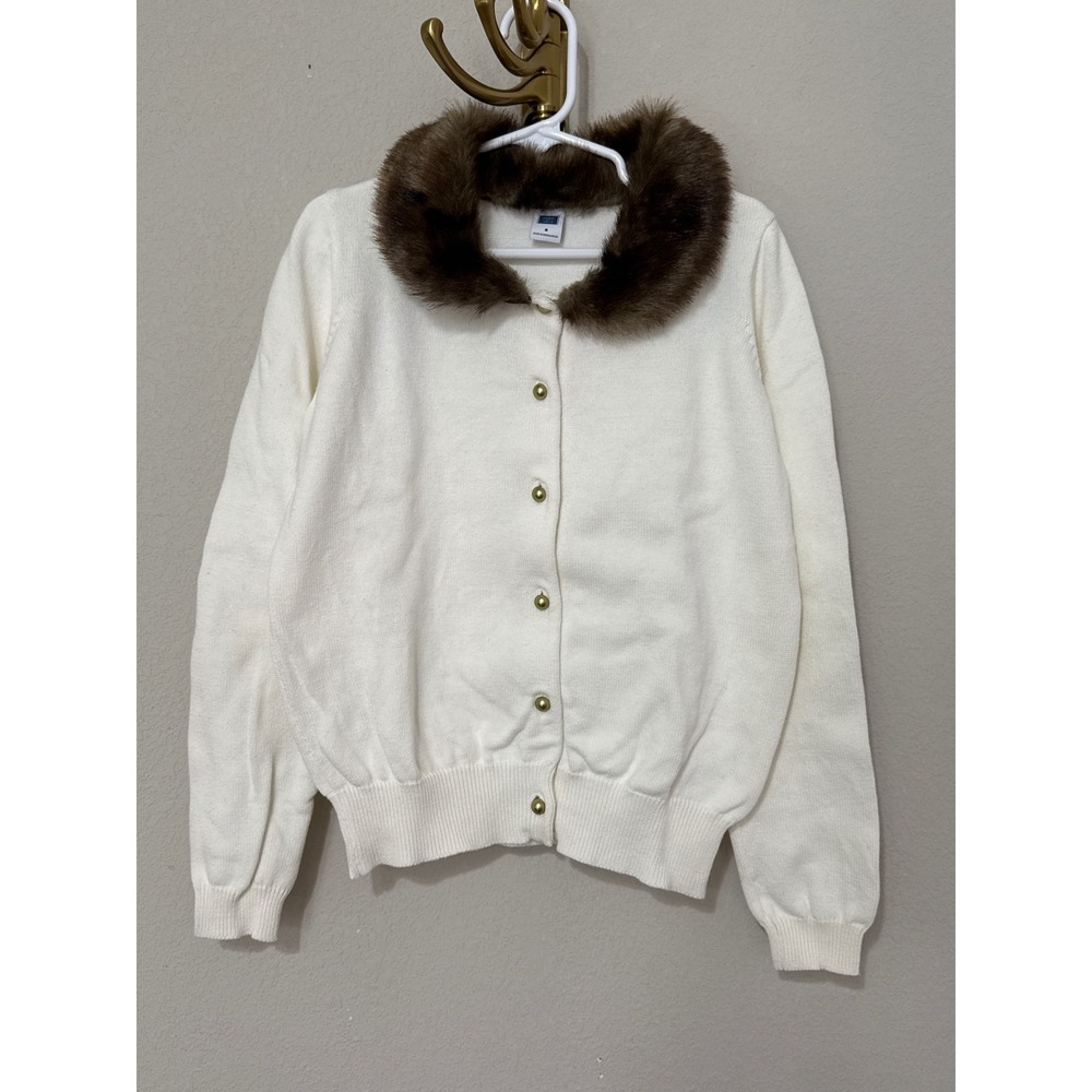 Janie and Jack Girls Cream Cardigan Size 8 Faux Fur Collar Gold Button Knit